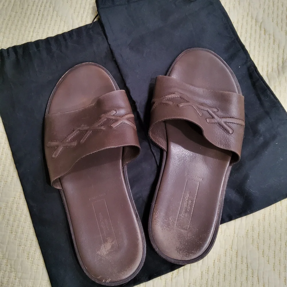 Ermenegildo Zegna Brown Leather Slides Size 10 with Dust Bags